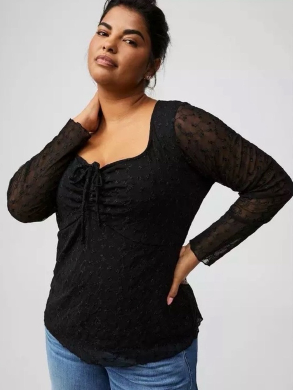 Torrid Black Lace Mesh Tie Front Top Boho Witchy Chic Glam Goth Size 1X (14-16)